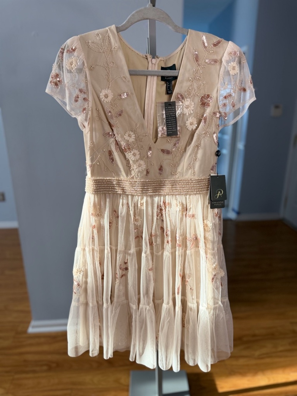 Adrianna Papell Beaded Mesh Cocktail Dress – Pale Pink | Size 6 NWT